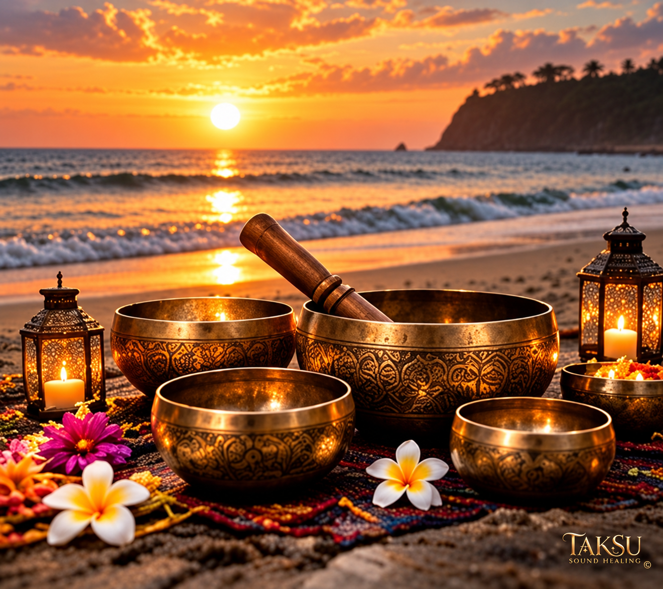Engraved singing bowls and lanterns on a beach at sunset