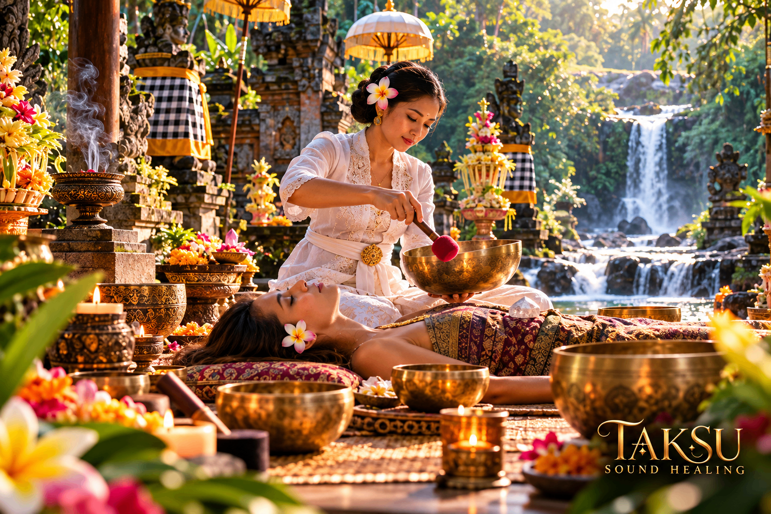 Woman practitioner playing a singing bowl beside a resting guest and waterfall