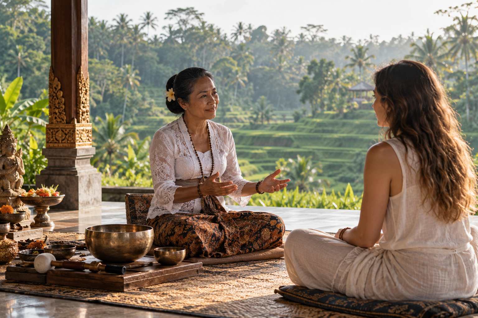 Woman practitioner speaking with a guest beside singing bowls overlooking rice terraces