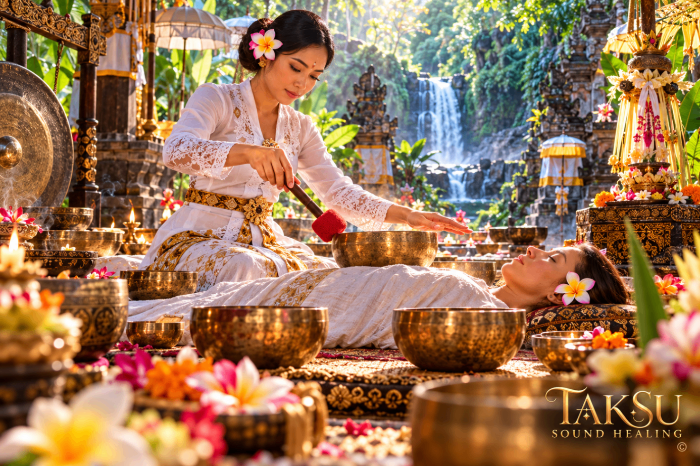 Woman practitioner playing bowls beside a resting guest in a decorated temple pavilion