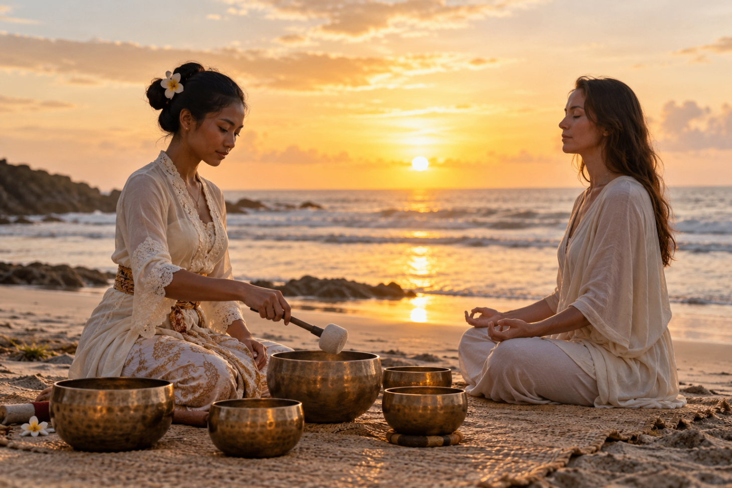 Woman practitioner and seated guest with singing bowls beside the ocean at sunset
