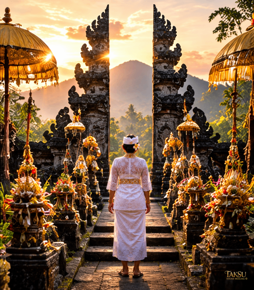 Woman in ceremonial attire walking toward a Balinese split temple gate at sunset