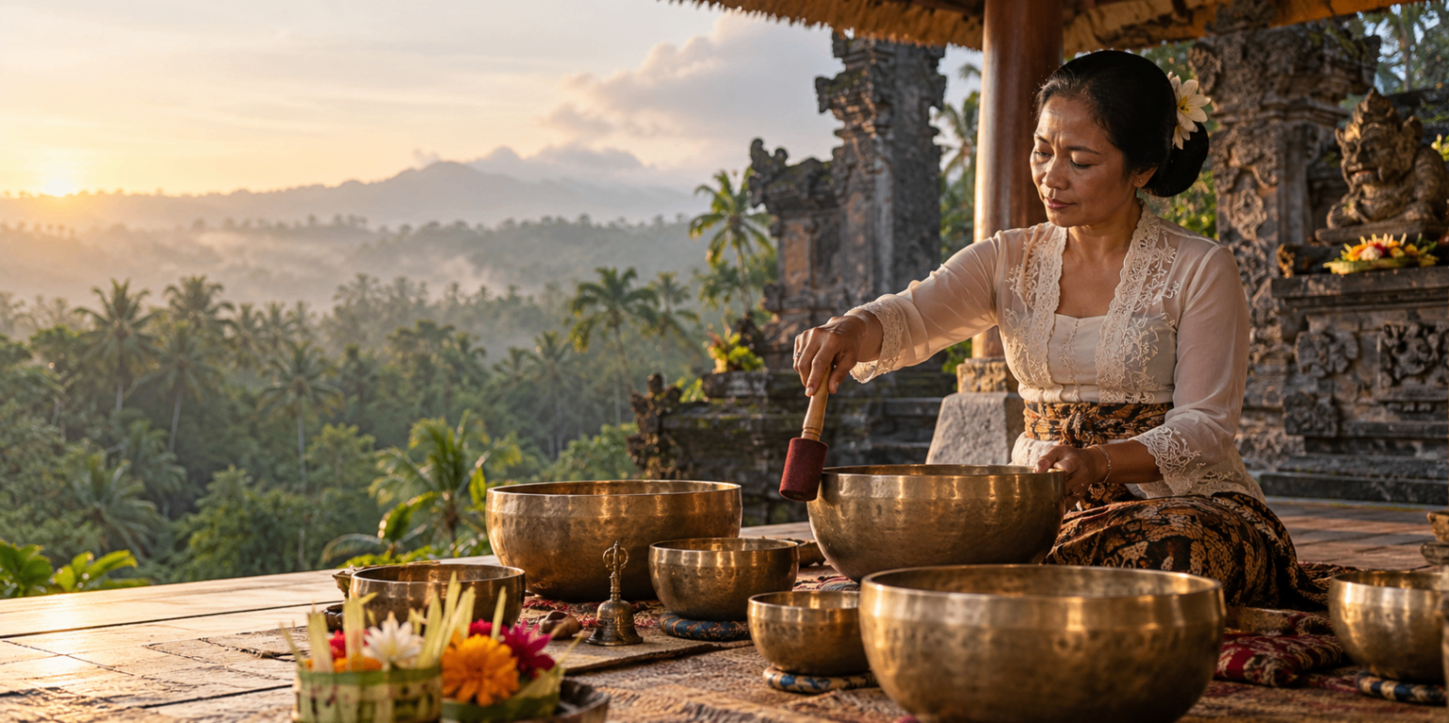 Woman practitioner playing singing bowls overlooking a palm-filled valley at sunrise